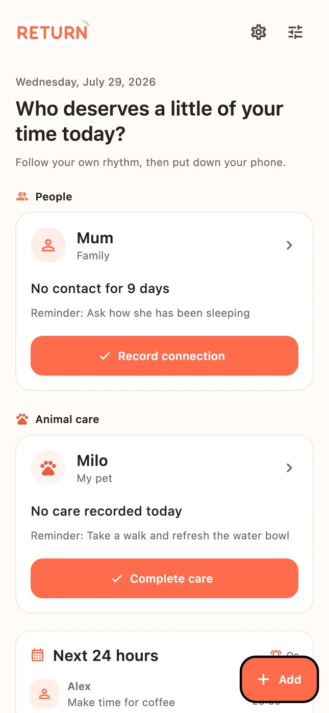 Return Today screen with reminders for a person and a pet